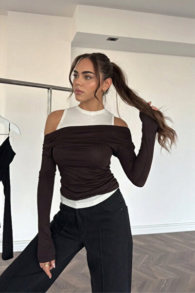 SHILSEE BEUTİQUE Women's Strappy Double Layer Asymmetric Blouse Brown