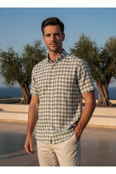 SÜVARİ Cămașă verde cu mânecă scurtă, croială lejeră, cu buzunare și imprimeu