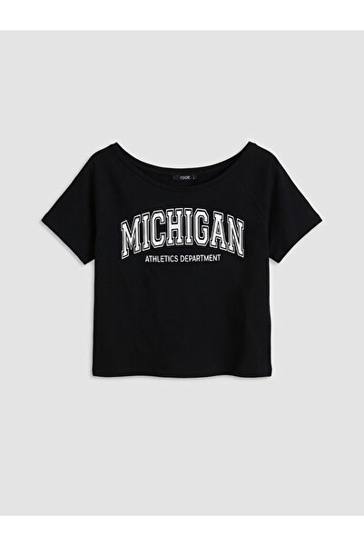 LC Waikiki Black Boat Neck Printed Women's T-Shirt from Güli̇s Gi̇yi̇m