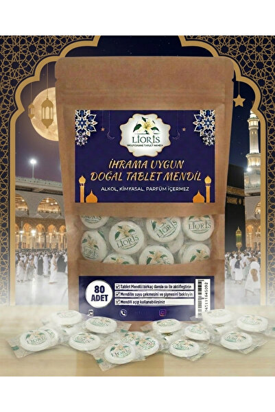 LİORİS İhrama Uygun Sıkıştırılmış Doğal Alkolsüz Kokusuz Mendil-80 Adet Tekli...