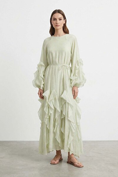 Puane Women's Long Dress with Flywheel Detail and Belt-12693Elb - Almond Green