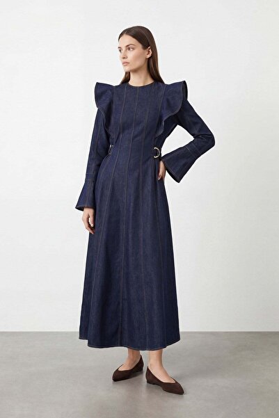 Loreen Women's Long Denim Dress with Ruffle Detail on the Shoulder -20766Elb ...