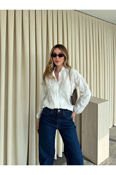 Laluvia Ecru Embroidered Shirt with Elastic Sleeves - 4231