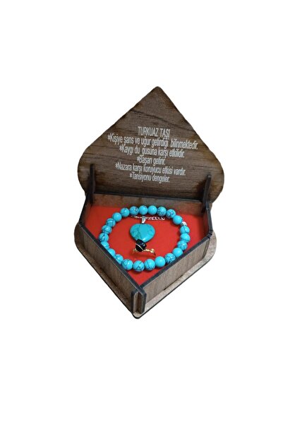 BEST PARTİ Best Heart-Shaped Wooden Box Turquoise Stone Bracelet-Necklace-Rin...