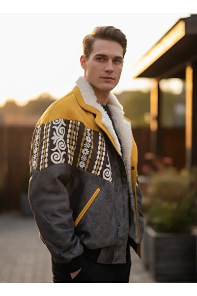 CANMODA (7905) Recien Unisex Fur Collar Vintage Aztec Jacket Oversize 90S Coa...