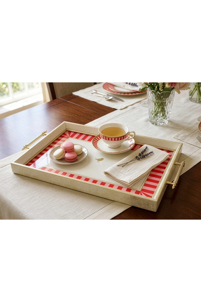 Öykü Dekoratif Sunum Tepsisi - Krem Altın Çerçeveli Kuş Figürlü Kırmızı Beyaz...