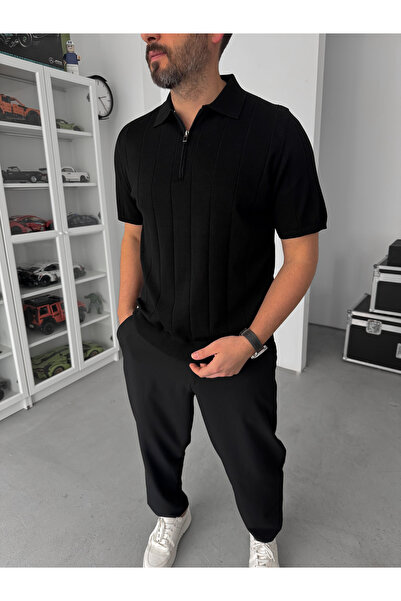 BYBASICMAN Tricou negru cu jumătate de fermoar TW-3352