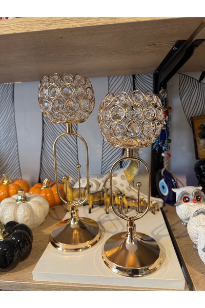 Atak Hediyelik Dekoratif 2’li kristal taşlı Damla Şamdan metal mumluk gold 33...