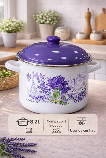 Arian Enameled pot Lavender 24 cm, 8.2L, with lid, elegant floral pattern