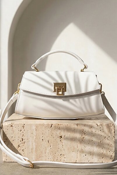 InStyle Baguette White Crossbody Bag with Lock Closure