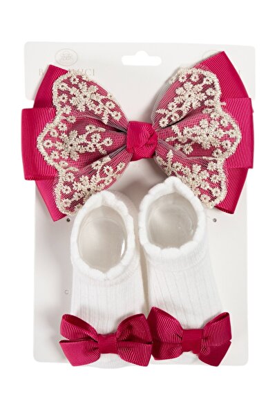Bambimici - Aaliyah Socks & Cute Ribbon Big Bow Headband Set - Hot Pink