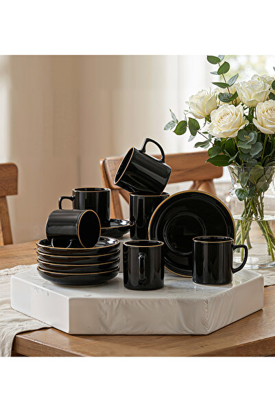 Trendmiya طقم من 6 أكواب سوداء بتفاصيل ذهبية