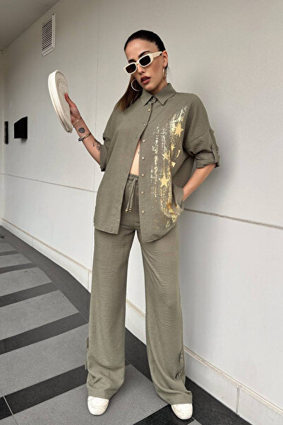 Mistix Shirt Detail Starry Foil Trouser Suit - Khaki Haki̇