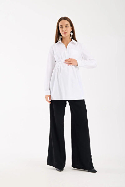 LİYACA Long-Sleeved Cotton Maternity Shirt with Breastfeeding Feature