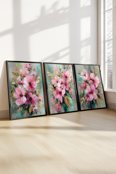 STARYUNA Σετ τριών πινάκων με θέμα τα ροζ λουλούδια με μαύρο ξύλινο πλαίσιο U...