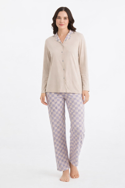 Pijamoni 38503-26 Women's Buttoned Long Sleeve Pajama Set Patterned Trousers ...