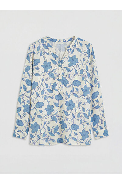 LC Waikiki Ecru Women's High Collar Long Sleeve Printed Blouse