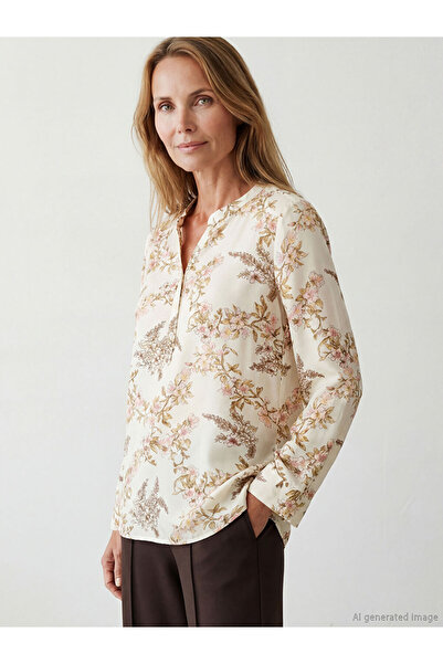 LC Waikiki Ecru Ruffled Neck Floral Blouse