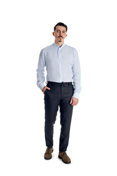 URSACHI Men's chino pants, linen, black, zipper and button closure