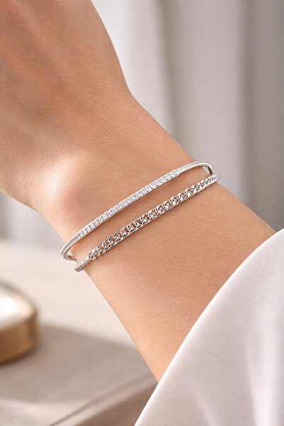 POYASE Double Layer Zircon Stone Chain Detailed Silver Color Adjustable Bracelet