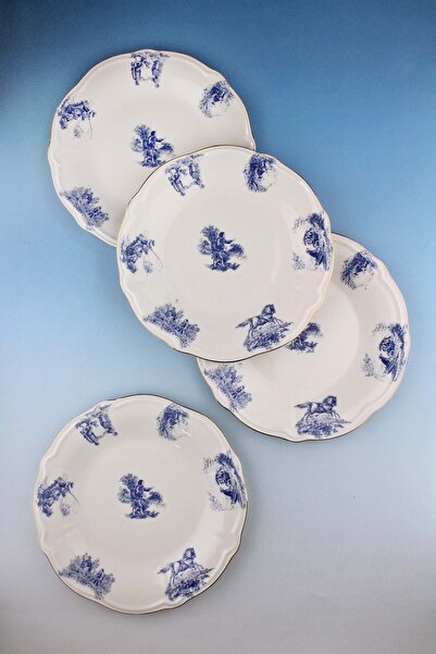 Bursa Porselen Dekor Blue English Gold Gilded 4 Pieces Porcelain Serving Plate