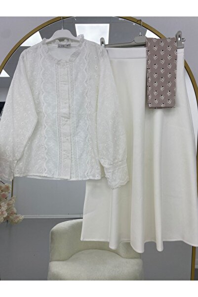 modasindoma Women's Linen Shirt White Skirt Set