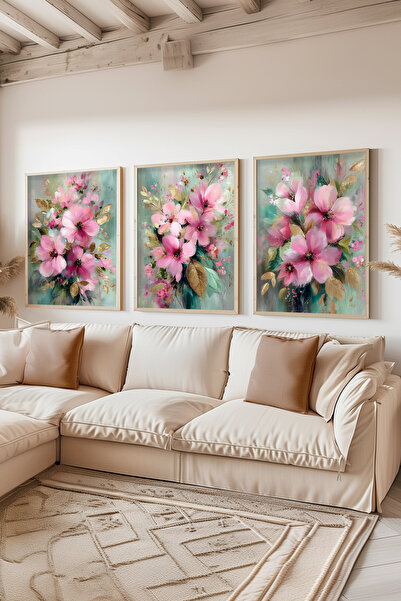 STARYUNA Wooden Framed Pink Flower Themed Triple Painting Set Ucyuna597