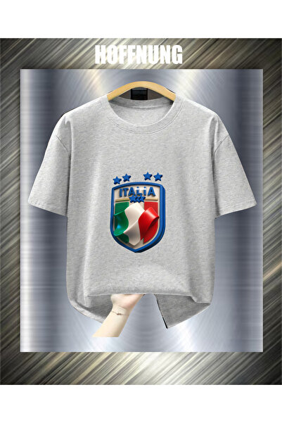 HOFFNUNG Unisex Short Sleeve Round Neck Italian Logo Printed Solid Color Tshirt