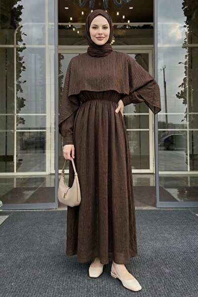 InStyle Shawl Collar Gathered Waist Brown Dress