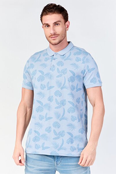 Brave Soul Men Regular Fit Short Sleeve Floral Print Polo Shirt, Steel Blue