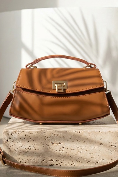 InStyle Lock Closure Baguette Tan Crossbody Bag