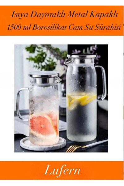 Lufern Özel Üretim 1500 ml Borosilikat Cam Su Sürahisi Metal Kapaklı ve Isıya...