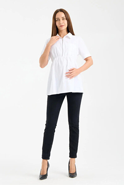 LİYACA Short-Sleeved Cotton Maternity Shirt with Breastfeeding Feature