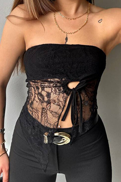 Mistix Strapless Asymmetrical Tie Detail Crop - Black Black