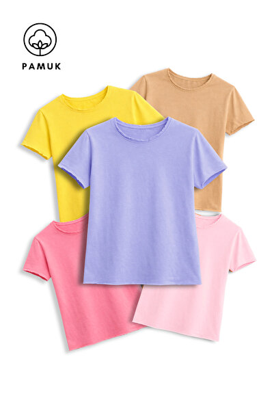 difa kids Girl's 5-Piece Set Daily Ripped Detailed Summer Short Sleeve T-Shirt