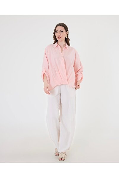S.Y Collection Wide-Cut Voile Blouse with Short Front and Long Back Folded Sl...