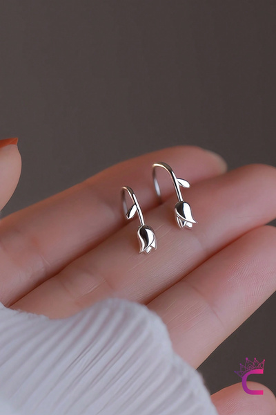 Cinderella Accessories Sevimli Küçük Lale Küpe Gümüş Renk - Genç Kız Şık Arka...