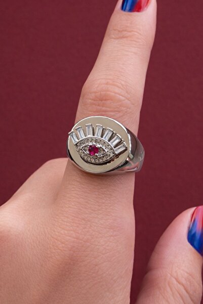 TAKIŞTIR خاتم فضي اللون على شكل عين قابل للتعديل مرصع بالأحجار