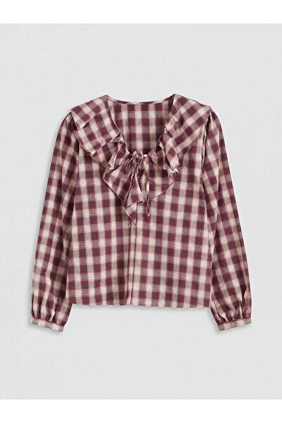 LC Waikiki Μπλούζα σε βυσσινί χρώμα με V-λαιμόκοψη και καρό σχέδιο