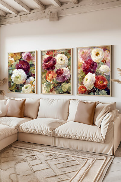 STARYUNA Wooden Framed Floral Themed Triple Painting Set Ucyuna595