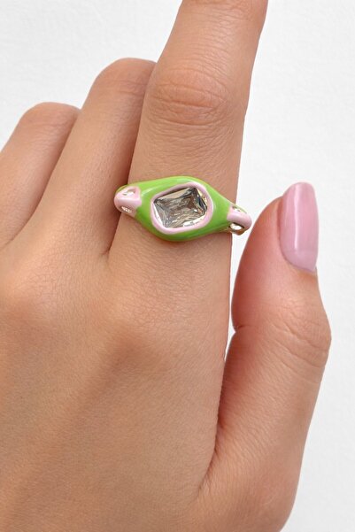 TAKIŞTIR خاتم قابل للتعديل مرصع بالأحجار الكريمة باللونين الأخضر والوردي