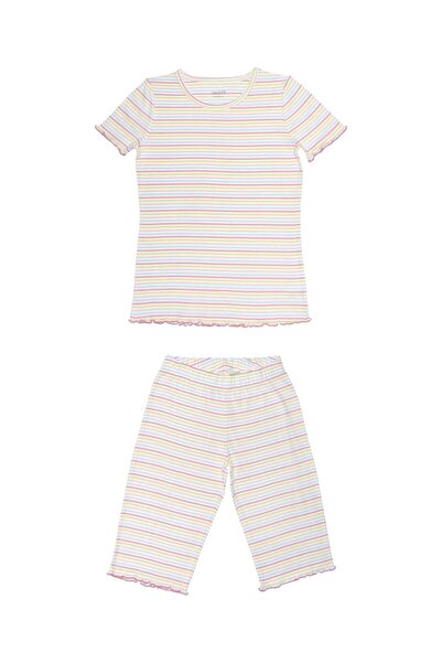 OrganicKid Mini Me Kadın Renkli Kısa Kol Üst ve Şort Pijama TakımI