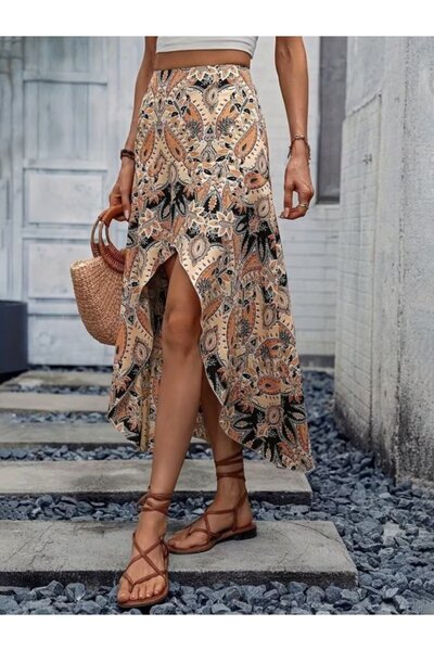 Generic Brand Fusta lungă din jerseu pentru femei, cu talie înaltă, cu imprim...
