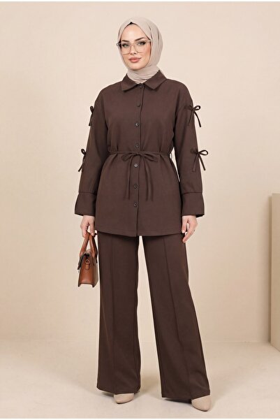Modamorfo Imported Crepe Trouser Suit with Bow Detail on the Sleeves -K. Coffee