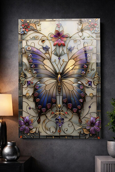 TAULART Unbreakable Glass Table Top Stained Glass Butterfly Flower Artistic L...