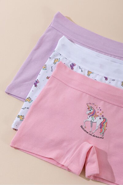 BAYKAR Kız Çocuk Pamuklu Renkli Baskılı Likralı Boxer Şort 3'lü Paket 5715 Re...