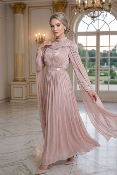 hakimoda Ni̇la Işıltı Chiffon Evening Dress Powder