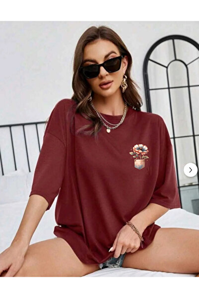 SUNFREE Cep Flower Printed Oversize Crew Neck Short Sleeve Cotton Women's Tshirt