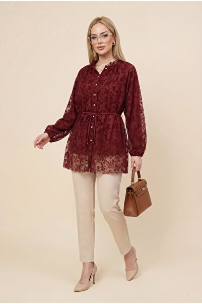 Modamorfo High neck, waist-tie, balloon sleeve, flog print, lined tulle tunic...