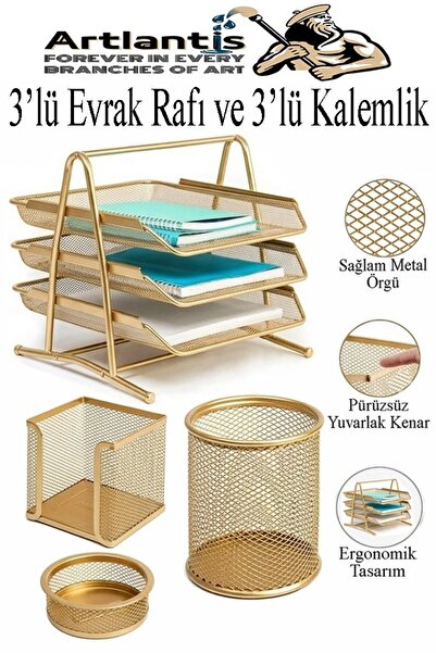 Artlantis Altın Sarı Metal Evrak Rafı 3 lü ve Masaüstü Kalemlik 3 lü 1 Paket ...